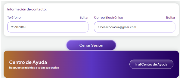 Producción — Perfil — espaciado entre «Cerrar Sesión» y «Centro de Ayuda» muy justo